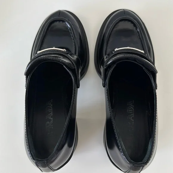 Prada Women's Chocolate Brushed Leather Heeled loafers size 36.5 - Picture 6 of 16